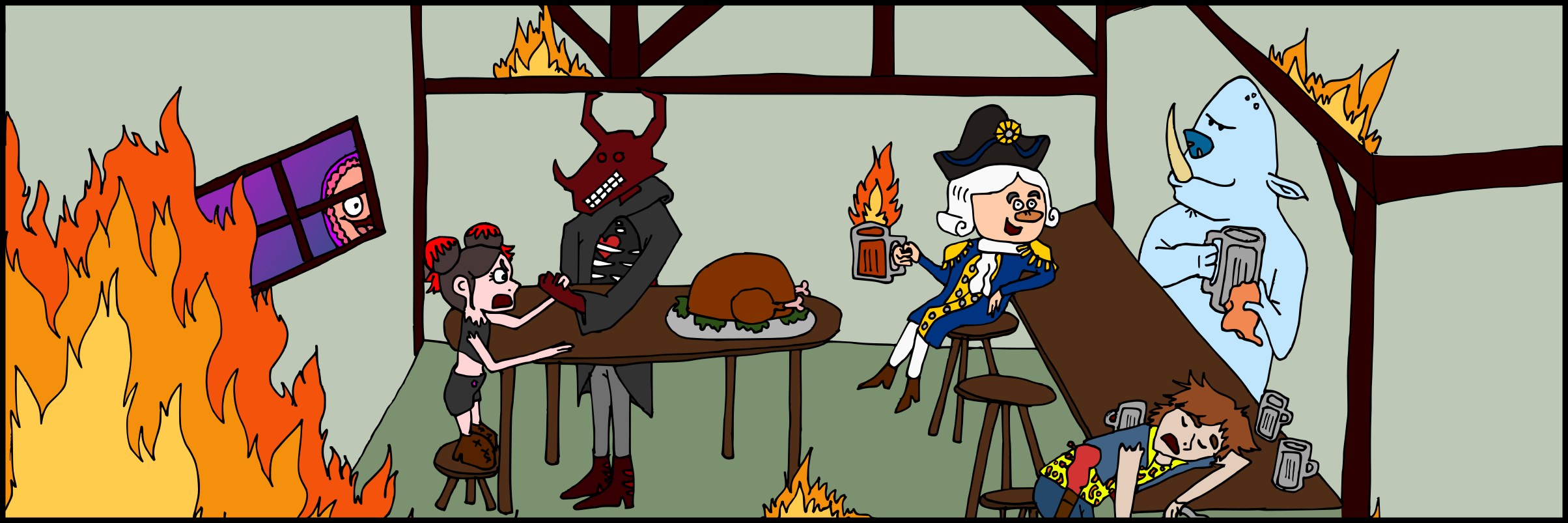 A cartoon tavern merrily on fire: a demon and a colonial gentleman share a drink while the regulars carry on.